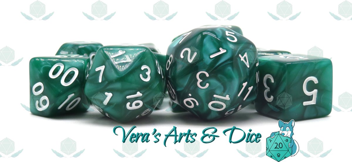 10 Piece Diopside | Polyset Dice Plus | Dobbelstenen - Set Van 10 Stuks (extra D10, D24, D30) - Parelmoer Groen met Witte Cijfers | Polydice | D&D Rollenspellen | Dobbelstenen Dungeons and Dragons | Zwarte Velvet Dice Bag